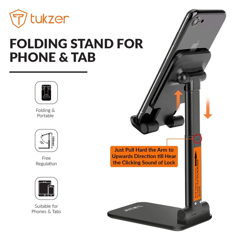 tuKZer Tabletop Fully Foldable Desktop Tablet Mobile Stand Holder with Angle & Height Adjustable for Desk, Cradle, Dock, Compatible with Smartphones & Tablets (Black) - Image 2