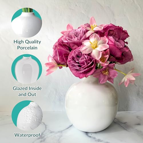 Willowy 7.5 Inch Large White Ceramic Vase with Glossy Finish - White Vases for Flowers, Round Vases for Decor, for Flower, for Pampas Grass - Image 3