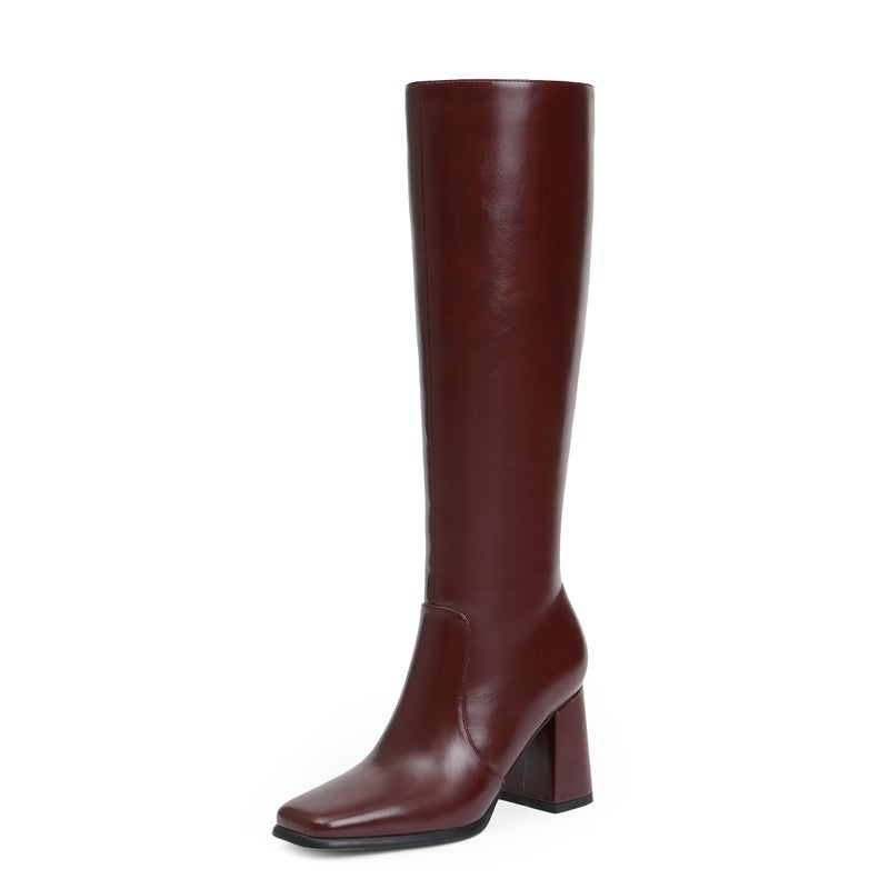 Modatope Burgundy Chunky Heel Square toe Knee High Boots for Women with Side Zipper Womens Block Heel Fall Tall Boots Size 9 - Image 1
