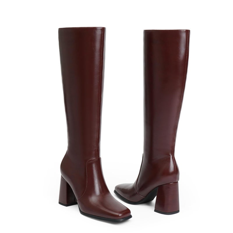 Modatope Burgundy Chunky Heel Square toe Knee High Boots for Women with Side Zipper Womens Block Heel Fall Tall Boots Size 9 - Image 5