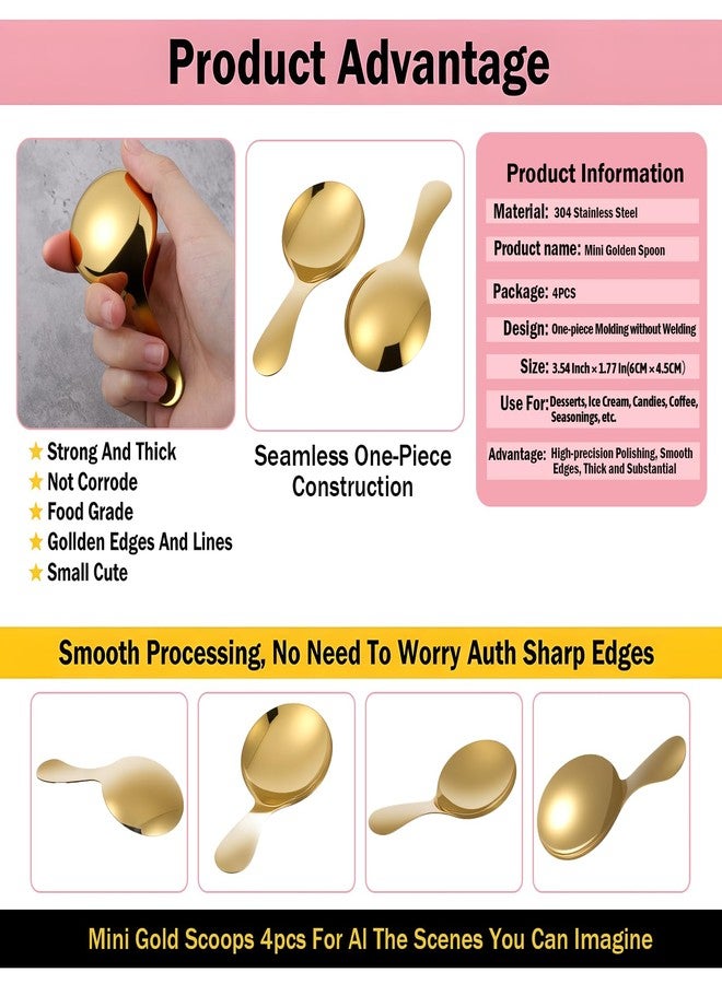 Ymapinc 4Pcs Mini Gold Coffee Spoons, 3.6inch Mini Cookie Scoop for Canisters, Sugar, Afternoon Tea Cup, Ice Cream, Candy Buffet Dessert Home Kitchen Use - Image 3