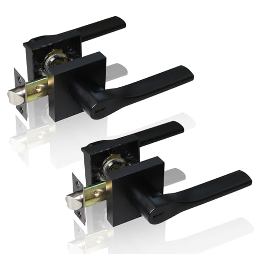 DSJJBLL 2 Pack Matte Black Door Knob Interior Privacy Keyless Entry Door Lock Square Style Reverisble Door Handles Heavy Duty Door Levers for Bedroom Bathroom Doors - Image 1