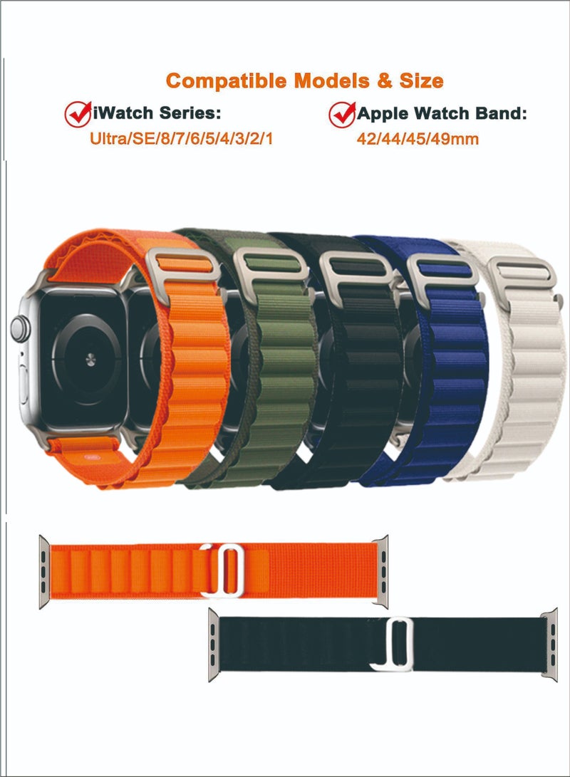 سوييت_سيڤن مجموعة من 5 أحزمة Alpine Loop لساعة Apple Watch Ultra/SE/Series 8-1 - حزام رياضي منسوج من النايلون قابل للتعديل مع خطاف G من التيتانيوم - مقاوم للعرق والماء، أبيض/أخضر/برتقالي/أسود/أزرق - Image 1