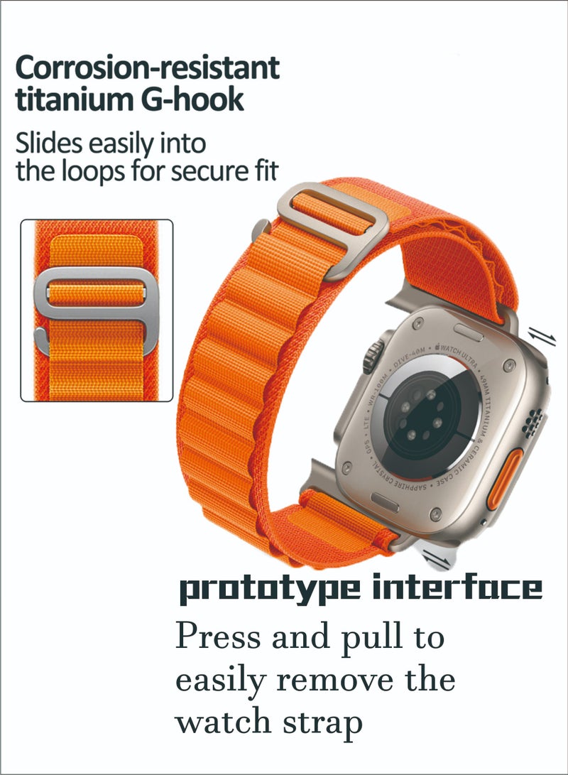 سوييت_سيڤن مجموعة من 5 أحزمة Alpine Loop لساعة Apple Watch Ultra/SE/Series 8-1 - حزام رياضي منسوج من النايلون قابل للتعديل مع خطاف G من التيتانيوم - مقاوم للعرق والماء، أبيض/أخضر/برتقالي/أسود/أزرق - Image 4