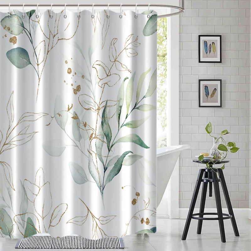 Ruelvth Sage Green Eucalyptus Shower Curtain Spring Plant Leaves Shower Curtain Waterproof Fabric Watercolor Green and Gold Shower Curtain Set with Hooks 72x72 Inch