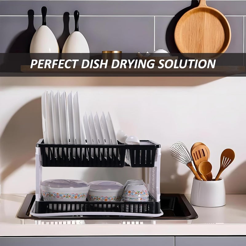 Kuber Industries Kuber Industries Plastic 2 Tier Dish Drainer Rack | Kitchen Vessels Storage Rack | Bartan Stand | Drainer Drying Rack Washing Basket with Tray | Kitchen Utensils Organizer | Black & White  - Image 5