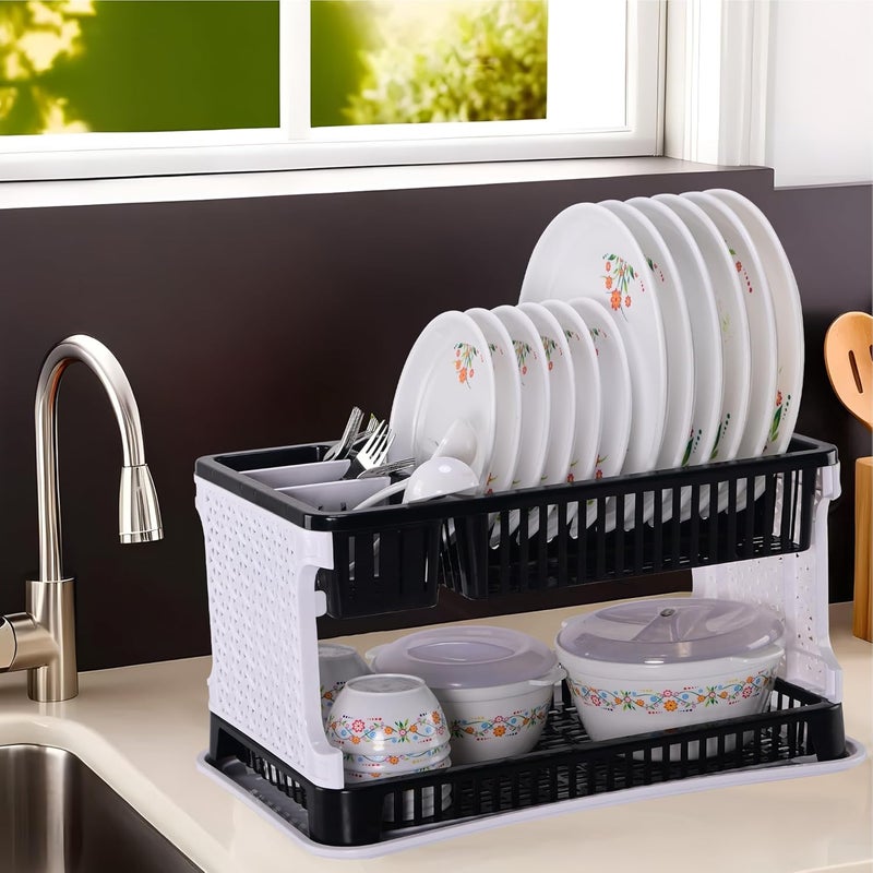 Kuber Industries Kuber Industries Plastic 2 Tier Dish Drainer Rack | Kitchen Vessels Storage Rack | Bartan Stand | Drainer Drying Rack Washing Basket with Tray | Kitchen Utensils Organizer | Black & White  - Image 1