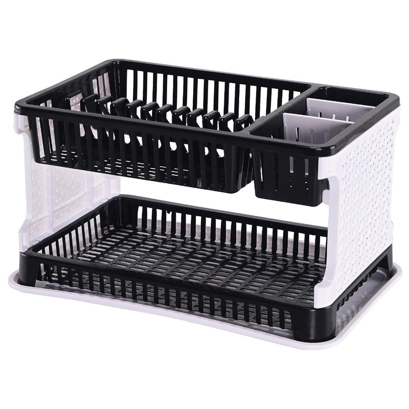 Kuber Industries Kuber Industries Plastic 2 Tier Dish Drainer Rack | Kitchen Vessels Storage Rack | Bartan Stand | Drainer Drying Rack Washing Basket with Tray | Kitchen Utensils Organizer | Black & White  - Image 2
