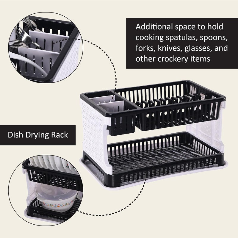 Kuber Industries Kuber Industries Plastic 2 Tier Dish Drainer Rack | Kitchen Vessels Storage Rack | Bartan Stand | Drainer Drying Rack Washing Basket with Tray | Kitchen Utensils Organizer | Black & White  - Image 4