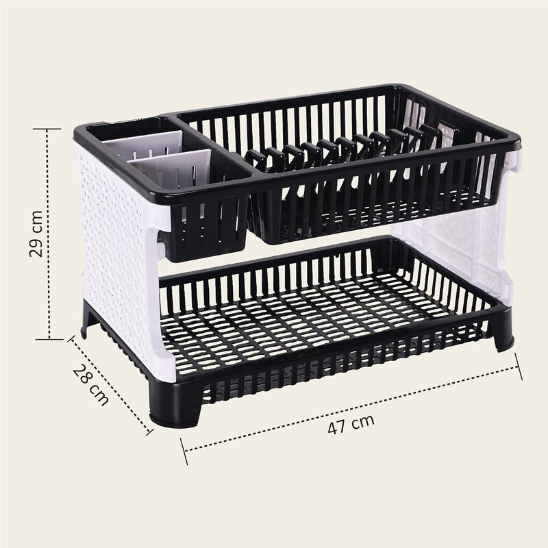 Kuber Industries Kuber Industries Plastic 2 Tier Dish Drainer Rack | Kitchen Vessels Storage Rack | Bartan Stand | Drainer Drying Rack Washing Basket with Tray | Kitchen Utensils Organizer | Black & White  - Image 3