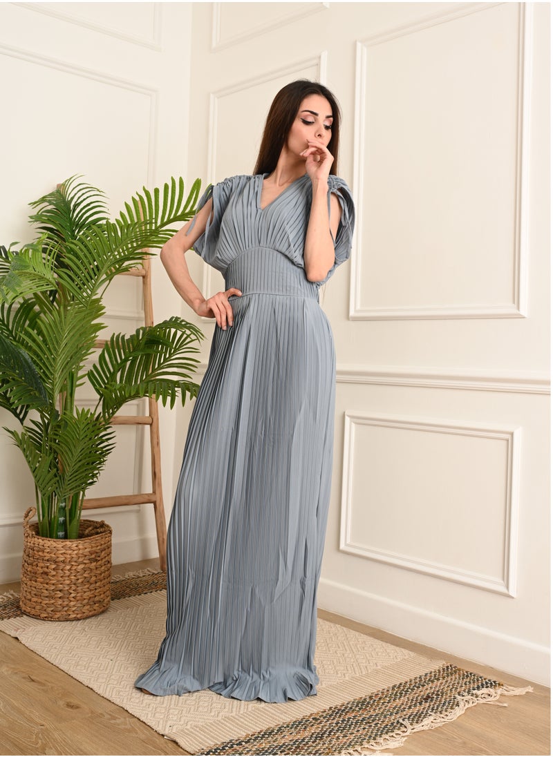 FULL JOY - Long chiffon dress with pleated design and short wide sleeves, Cyan - Image 1