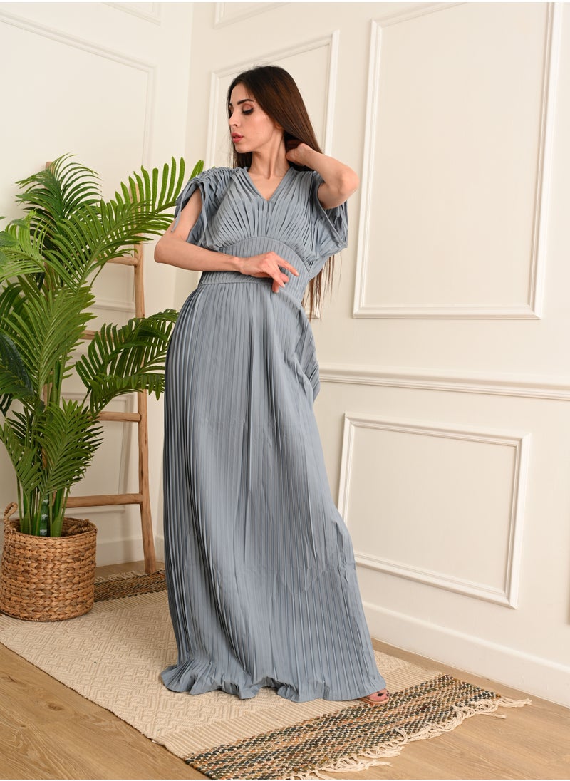 FULL JOY - Long chiffon dress with pleated design and short wide sleeves, Cyan - Image 1