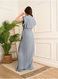 FULL JOY Long chiffon dress with pleated design and short wide sleeves, Cyan  - Image 4