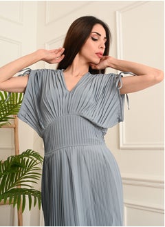 FULL JOY Long chiffon dress with pleated design and short wide sleeves, Cyan  - Image 5
