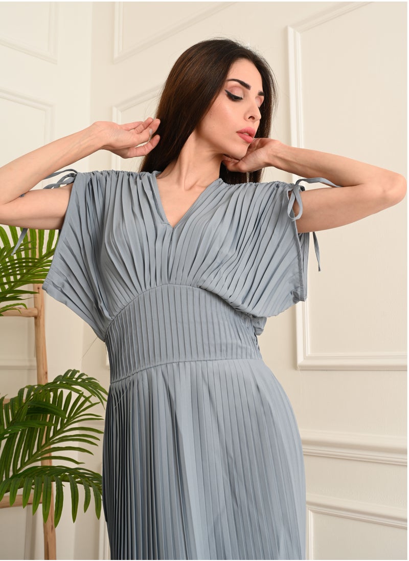 FULL JOY - Long chiffon dress with pleated design and short wide sleeves, Cyan - Image 1