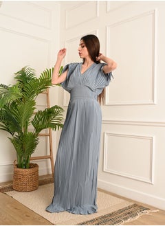 FULL JOY Long chiffon dress with pleated design and short wide sleeves, Cyan  - Image 2