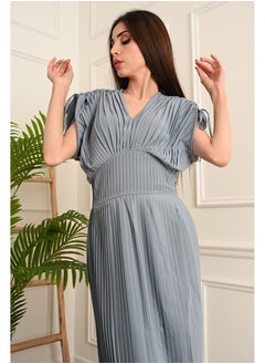 FULL JOY Long chiffon dress with pleated design and short wide sleeves, Cyan  - Image 3
