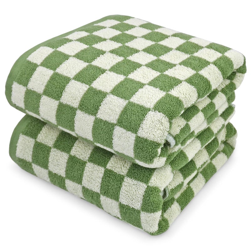 Jacquotha Bath Towels Set of 2  Luxury Cotton Bathroom Shower Towels Body 55 x 275 Absorbent Quick Dry 520GSM Green Checkered Home Decor
