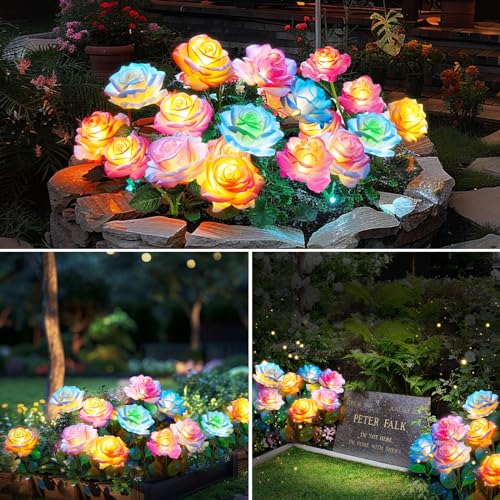 BOMIER 6-Pack Solar Flowers Outdoor Waterproof - Solar Garden Lights with Rose, Solar Flower Lights for Outside Yard Decorations Outdoor - Image 5
