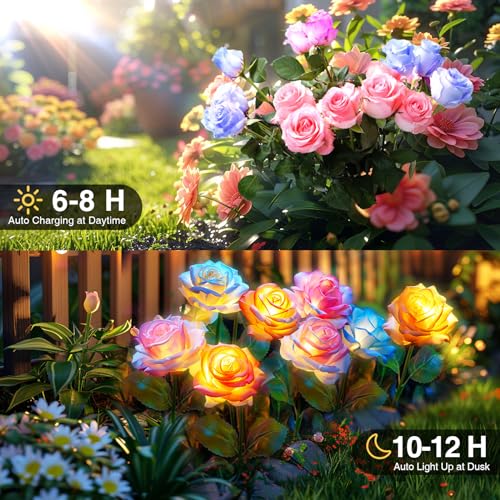 BOMIER 6-Pack Solar Flowers Outdoor Waterproof - Solar Garden Lights with Rose, Solar Flower Lights for Outside Yard Decorations Outdoor - Image 3