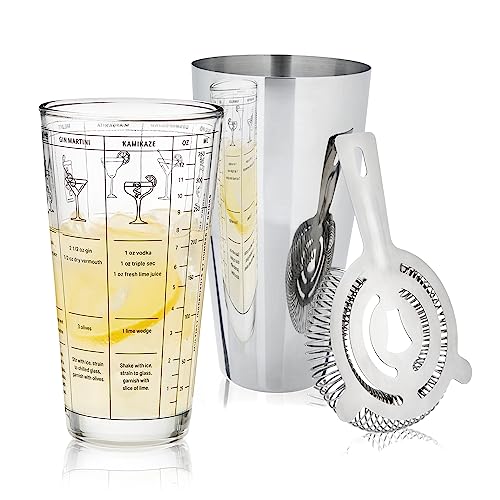 True 3Piece Barware Set with 7 Cocktail Recipes and Measurements Printed on Mixing Includes Shaker Tin and Hawthorne Strainer Glass and Stainless Steel Assorted