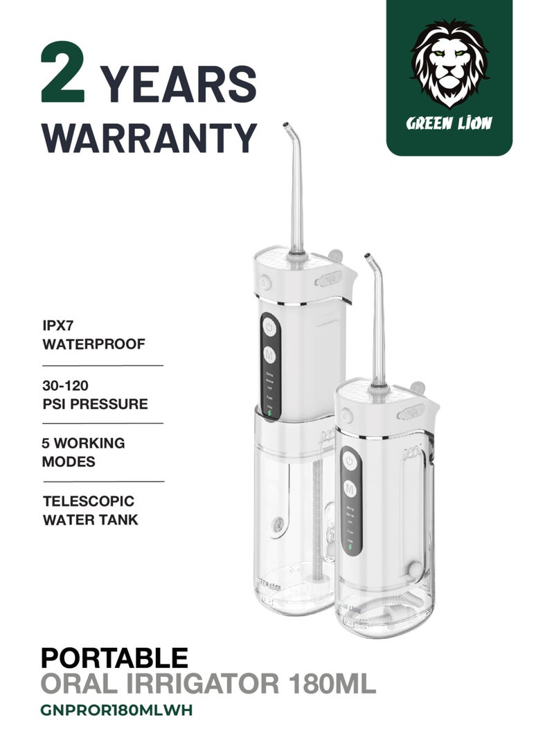 GREEN LION Portable Water Dental Flosser for Teeth Cleaning Cordless Oral Irrigator 180ml / 5 Working Modes - White - Image 1