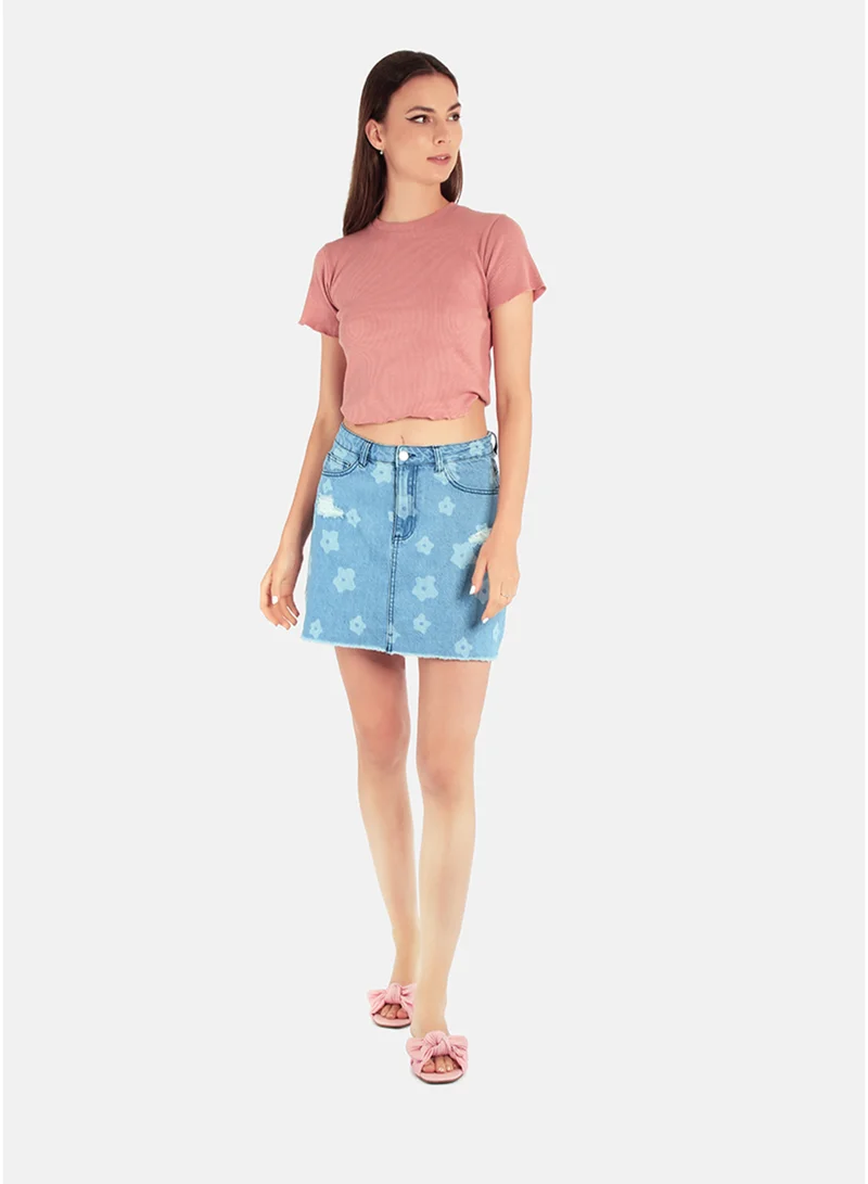 London Rag Light Blue Flower Print Ripped Mini Skirt