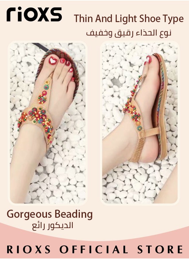 RIOXS - Flat Sandals For Women Bohemian Beaded Sandals Women's Fashion Ankle Strap Beach Sandal Slip-on Flats Shoes For Ladies Vacation Shopping Walking Daily Wear - Image 1