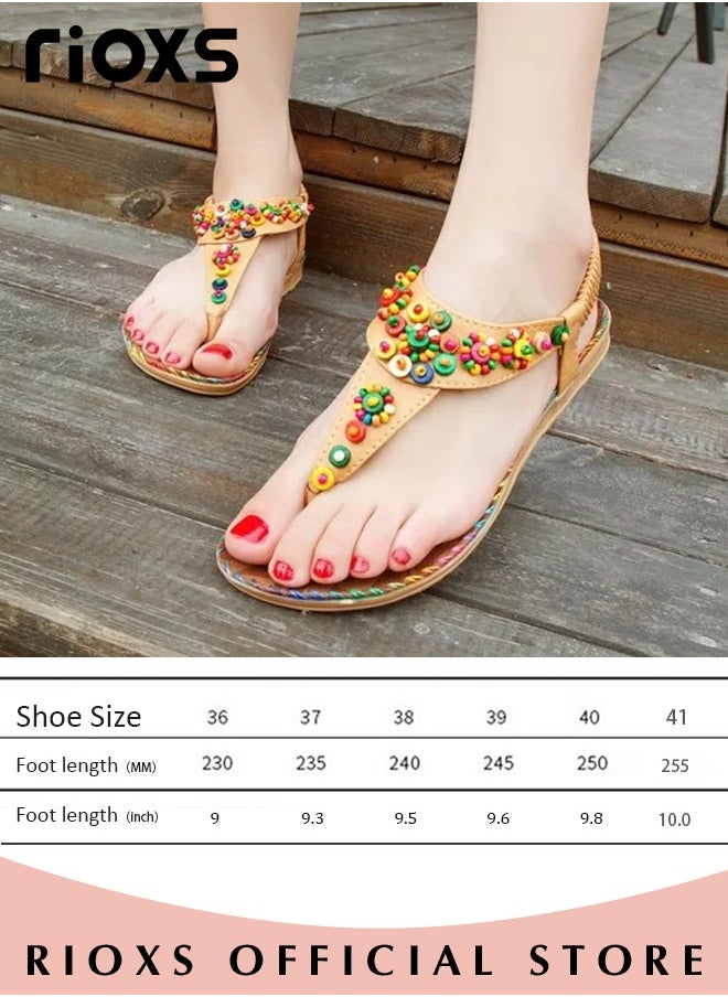 RIOXS - Flat Sandals For Women Bohemian Beaded Sandals Women's Fashion Ankle Strap Beach Sandal Slip-on Flats Shoes For Ladies Vacation Shopping Walking Daily Wear - Image 1