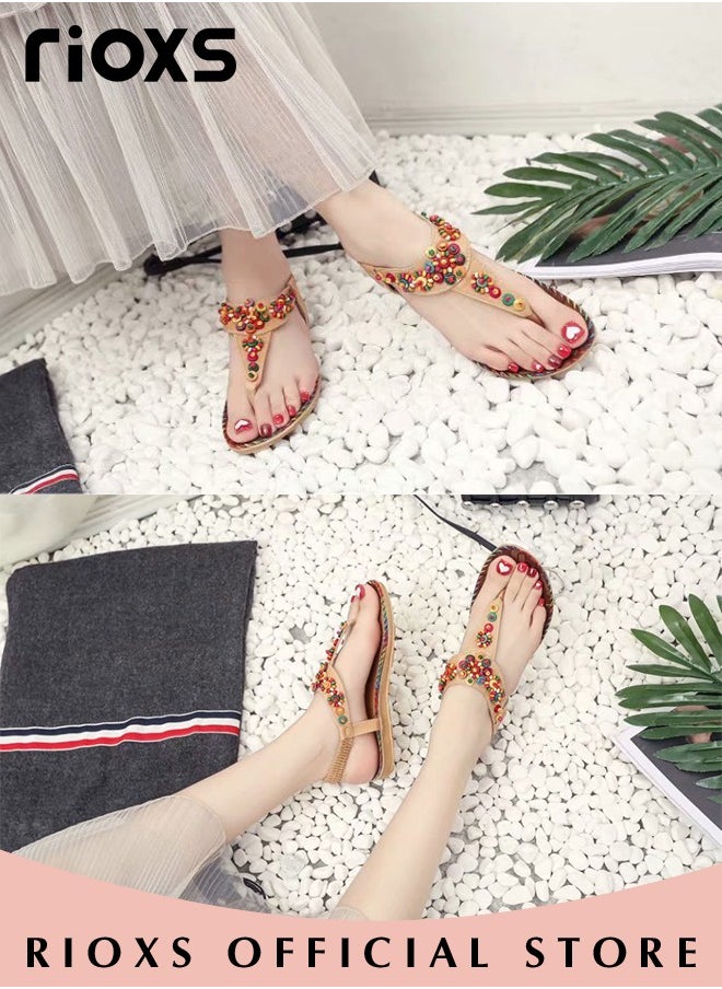 RIOXS - Flat Sandals For Women Bohemian Beaded Sandals Women's Fashion Ankle Strap Beach Sandal Slip-on Flats Shoes For Ladies Vacation Shopping Walking Daily Wear - Image 1
