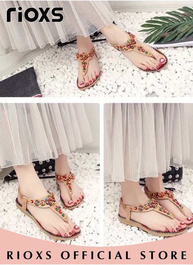 RIOXS - Flat Sandals For Women Bohemian Beaded Sandals Women's Fashion Ankle Strap Beach Sandal Slip-on Flats Shoes For Ladies Vacation Shopping Walking Daily Wear - Image 1
