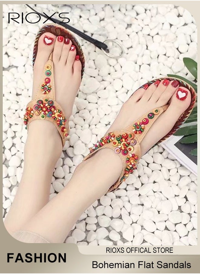 RIOXS - Flat Sandals For Women Bohemian Beaded Sandals Women's Fashion Ankle Strap Beach Sandal Slip-on Flats Shoes For Ladies Vacation Shopping Walking Daily Wear - Image 1
