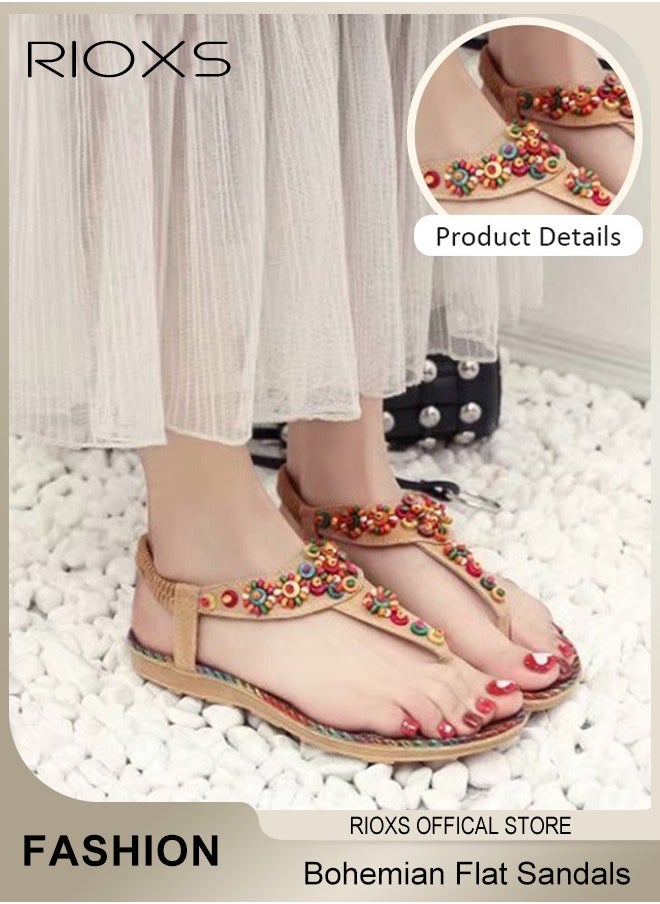 RIOXS - Flat Sandals For Women Bohemian Beaded Sandals Women's Fashion Ankle Strap Beach Sandal Slip-on Flats Shoes For Ladies Vacation Shopping Walking Daily Wear - Image 1