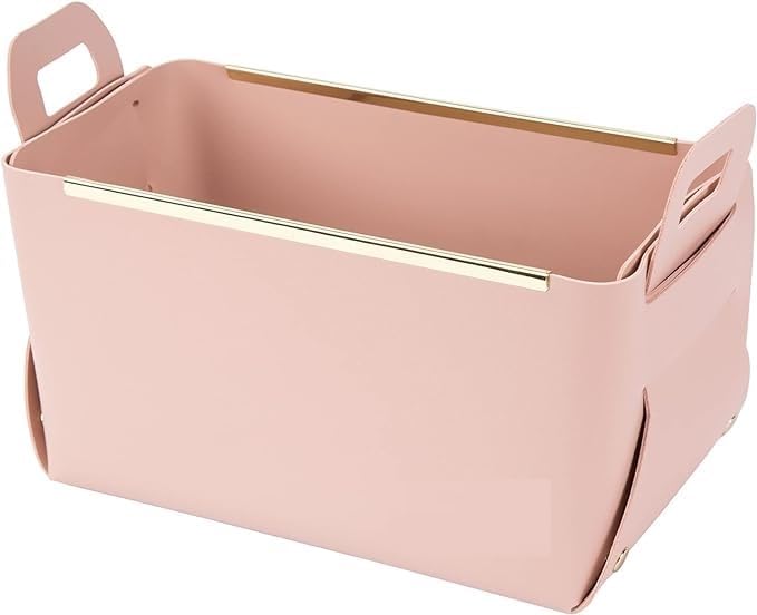 KEYOZA Foldable Storage Basket Bin Faux Leather Organizer Container Box with HandlesSmall Leather Foldable Tissue Box for Desktop or Table Entryway Table Key Wallet Watch Coin Change PINK - Image 1