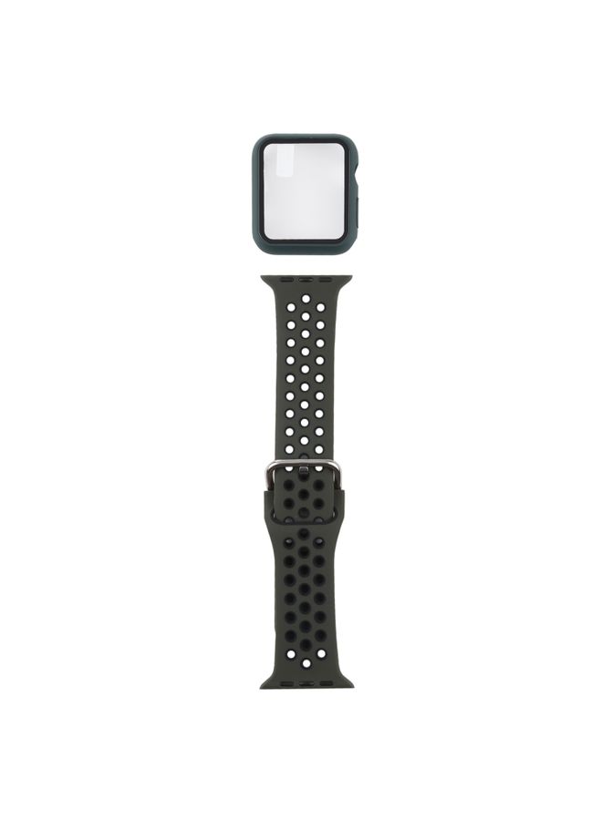 BURAQ Protective Cover Silicone Watch Band + Protective Case with Screen Protector Set For Apple Watch Series 3 & 2 & 1 38mm(Olive Green Black)