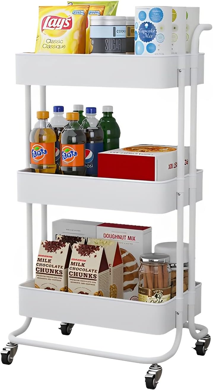 Sooyee 3 Tier Utility Cart,Rolling Cart with Handle and Lockable Wheels, Multi-Functional Storage Cart for Office, School,Living Room, Kitchen, Bathroom, Bedroom,Laundry, White - Image 1
