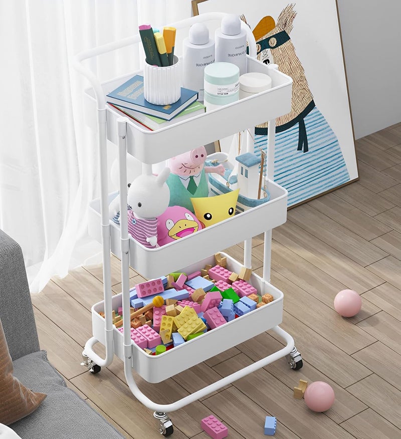 Sooyee 3 Tier Utility Cart,Rolling Cart with Handle and Lockable Wheels, Multi-Functional Storage Cart for Office, School,Living Room, Kitchen, Bathroom, Bedroom,Laundry, White - Image 2