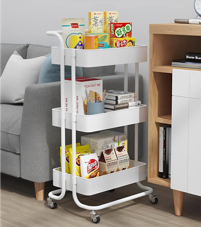Sooyee 3 Tier Utility Cart,Rolling Cart with Handle and Lockable Wheels, Multi-Functional Storage Cart for Office, School,Living Room, Kitchen, Bathroom, Bedroom,Laundry, White - Image 3