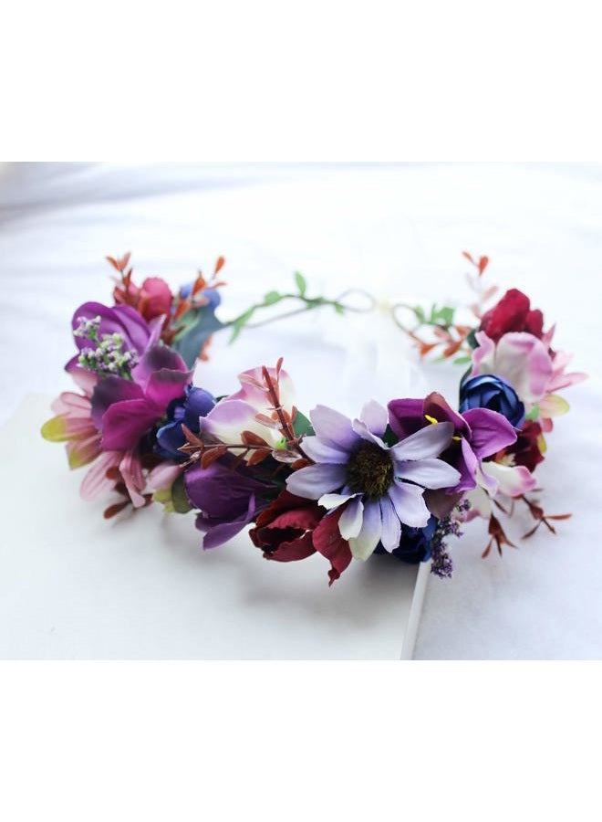 LLinfflr Women Floral Crown Boho Flower Headband Hair Wreath Floral Halo Headpiece with Ribbon Wedding Party Photos Purple - Image 4