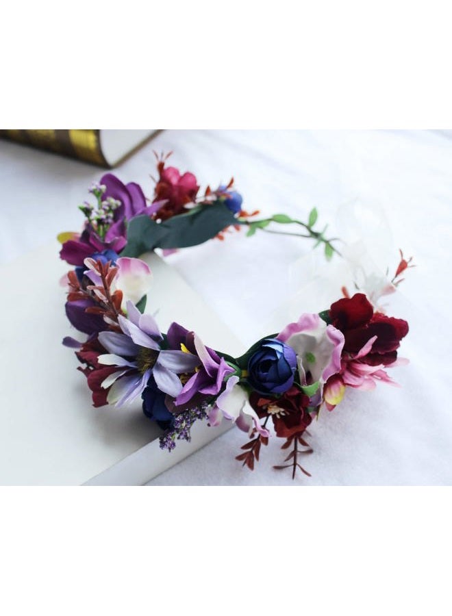LLinfflr Women Floral Crown Boho Flower Headband Hair Wreath Floral Halo Headpiece with Ribbon Wedding Party Photos Purple - Image 5