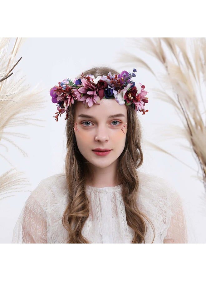 LLinfflr Women Floral Crown Boho Flower Headband Hair Wreath Floral Halo Headpiece with Ribbon Wedding Party Photos Purple - Image 2