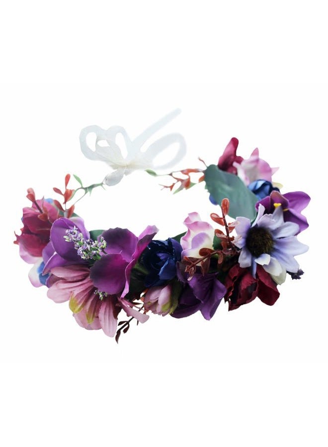 LLinfflr Women Floral Crown Boho Flower Headband Hair Wreath Floral Halo Headpiece with Ribbon Wedding Party Photos Purple - Image 1