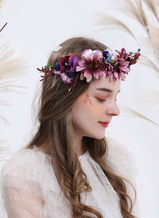 LLinfflr Women Floral Crown Boho Flower Headband Hair Wreath Floral Halo Headpiece with Ribbon Wedding Party Photos Purple - Image 3
