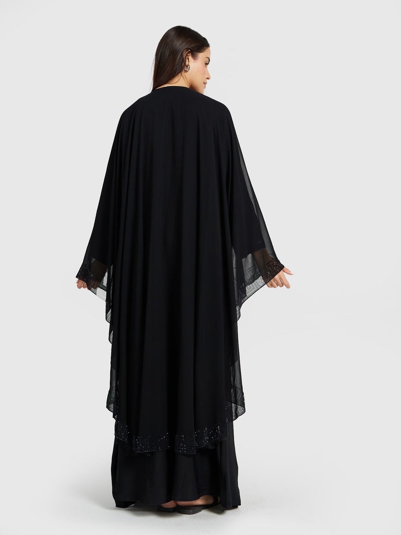 Reem Abayas Black Cape Style Abaya with Intricate Sequin Overlay - Image 4
