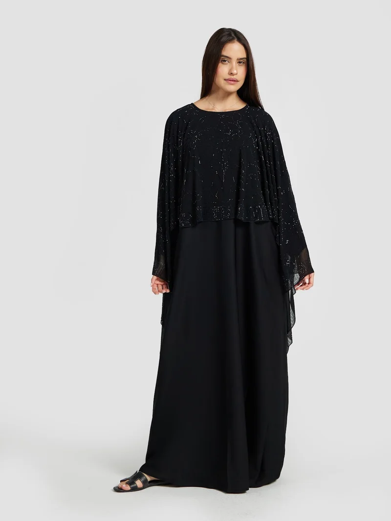 Reem Abayas Black Cape Style Abaya with Intricate Sequin Overlay