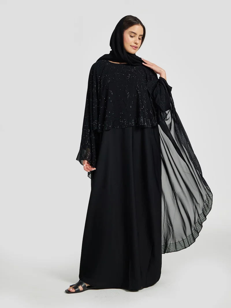 Black Cape Style Abaya with Intricate Sequin Overlay
