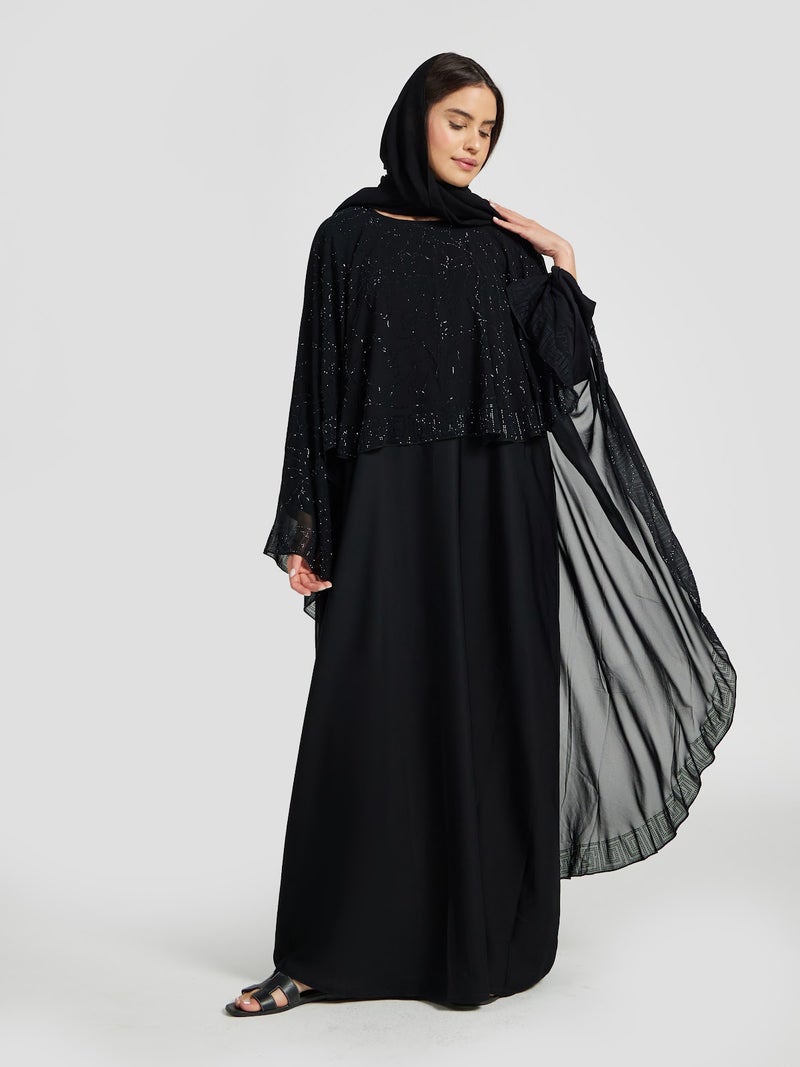 Reem Abayas Black Cape Style Abaya with Intricate Sequin Overlay - Image 1