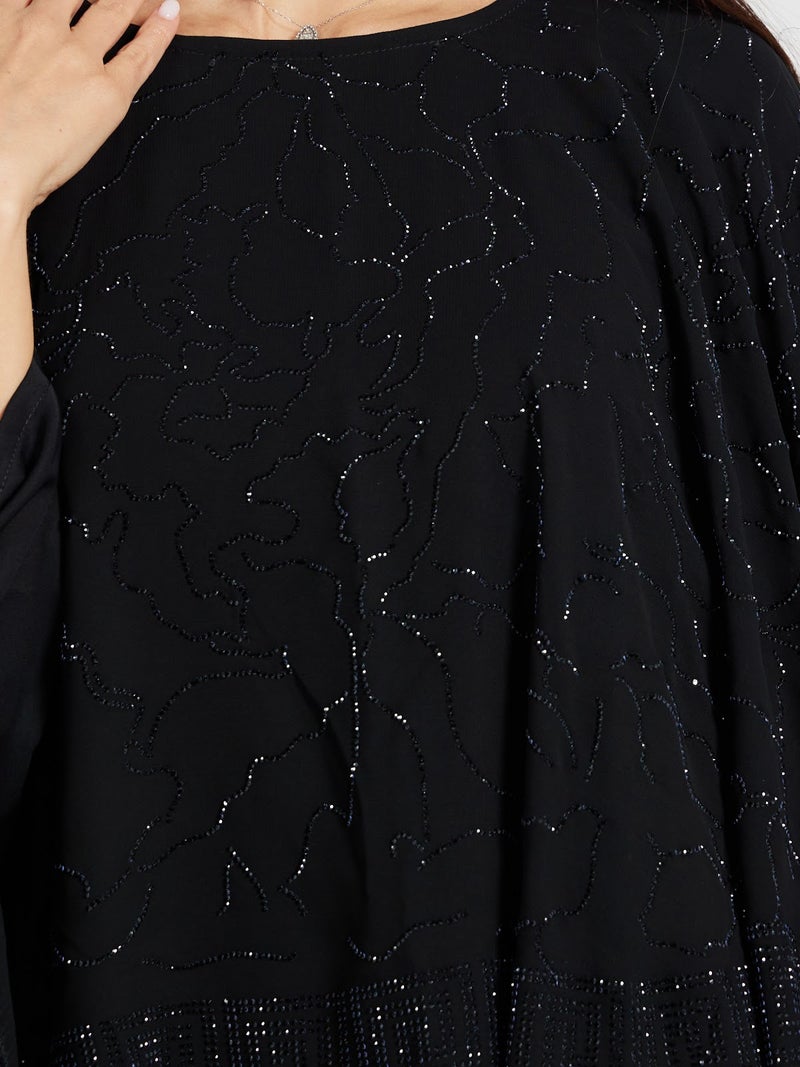 Reem Abayas Black Cape Style Abaya with Intricate Sequin Overlay - Image 3