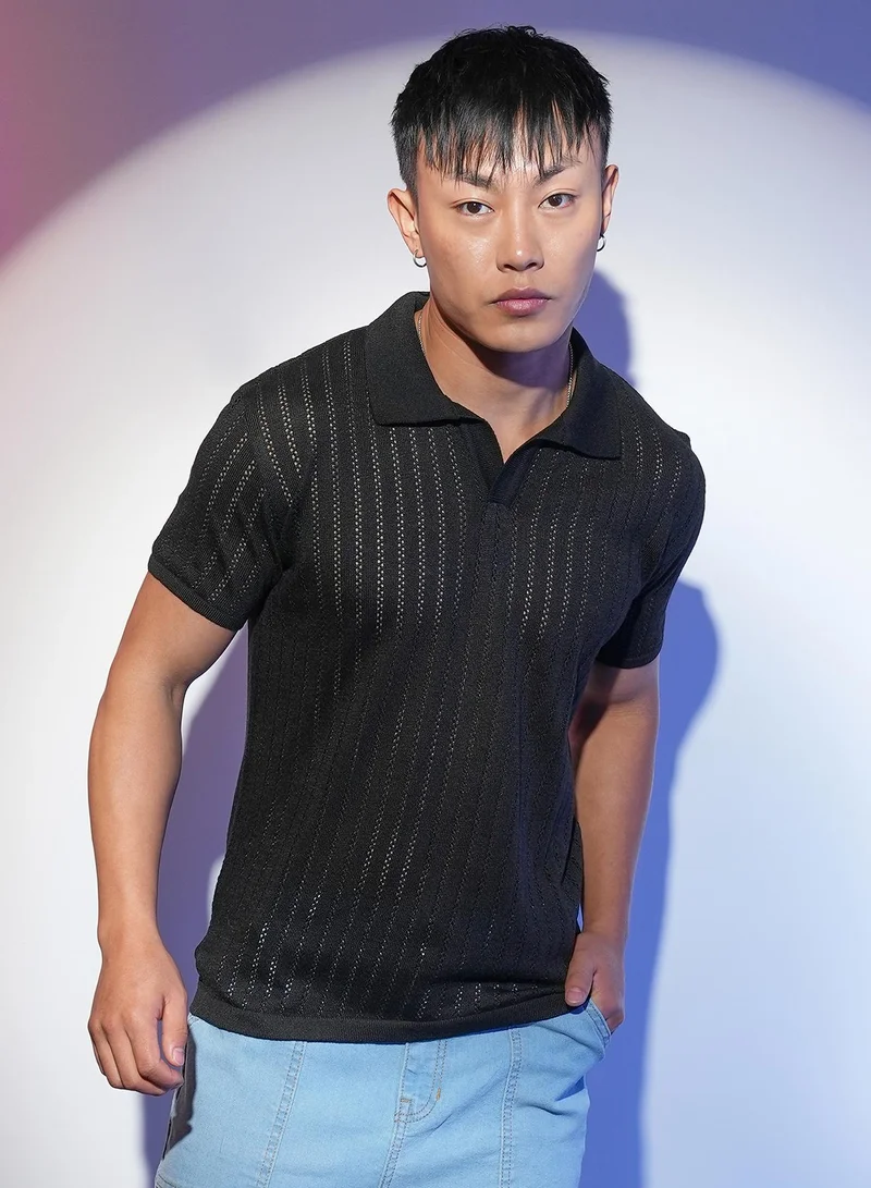 كامبوس سوترا Men's Midnight Black Stripe-Textured Polo T-Shirt For Casual Wear | Polo Neck | Short Sleeve | Pull On Closure | T-Shirt Crafted With Comfort Fit For Everyday Wear