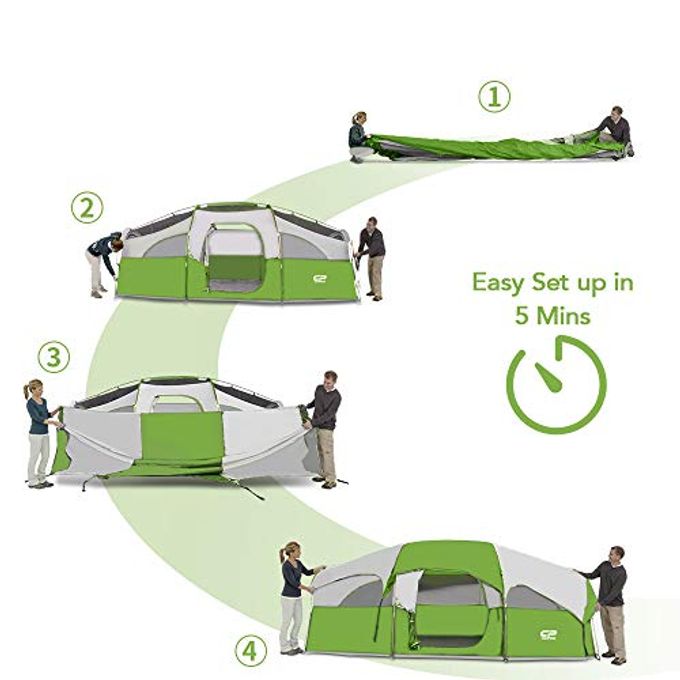CAMPROS CP Tent 8 Person Camping Tents, Weather Resistant Family Tent, 5 Large Mesh Windows, Double Layer, Divided Curtain For Separated Room, Portable With Carry Bag Green - Image 5